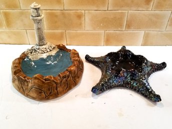 Two Unique Vintage MCM Hand Painted Ceramic Pottery Ashtrays - Starfish & Lighthouse