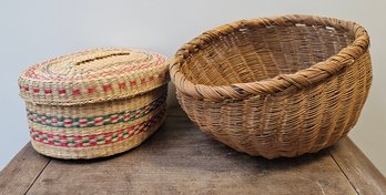 Set Of Five Woven Nesting Red, Green And Straw Colored Baskets  And Woven Basket