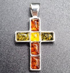 Multi-Color Amber Cross Pendant In Sterling Silver