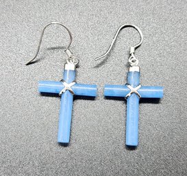 Stunning Blue Jade Cross Earrings In Platinum Over Sterling