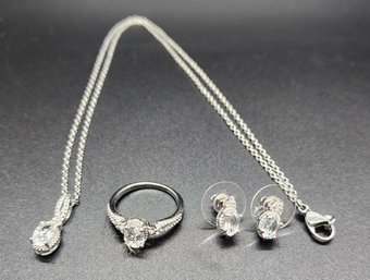 White Topaz Stud Earrings, Ring & Pendant Necklace In Platinum Over Sterling With Stainless Chain