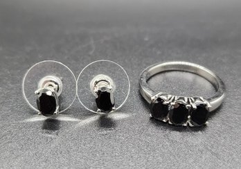 Thai Black Spinel 3 Stone Ring & Stud Earrings In Sterling