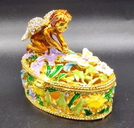 Stunning Austrian Crystal, Enameled Angel Cherub Trinket Box