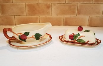 RARE Vintage Franciscan Earthenware Red Apple Gravy Boat &  Covered Butter Dish With Finial Top