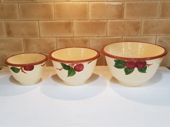 Set Of Three Vintage Franciscan Earthenware Red Apple Mixing Bowls