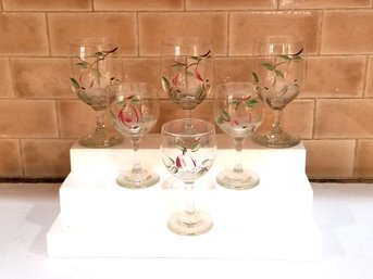 Set Of 6 Vintage Franciscan Red Apple Hand Painted Stemmed Wine Glasses & Water Goblets