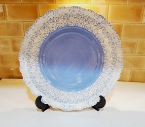 Vintage MCM Textured Hand Painted Ceramic 14' Serving Platter With Scalloped Edge