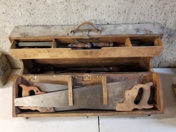 Antique Carpenters Portable Carry Tool Box With Tools