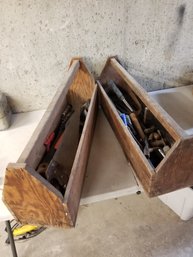 Two Antique Old-Fashioned Handmade Tool Farm Carry Boxes Filled With Tools