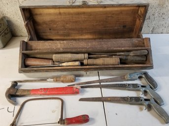 Antique Carpenters Portable Carry Tool Box With Tools Painted Black