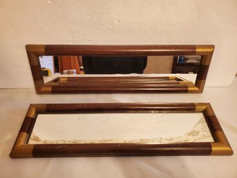 Two Vintage MCM Wood & Brass Accent Oblong Decorative Mirrors By Windsor Art Products