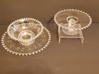 Vintage Clear Glass Beaded Imperial Candlewick (?) Small Pedestal Plate, Bowl With Underplate