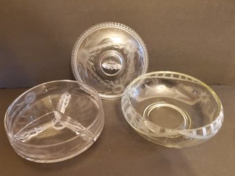 Beautiful Vintage Floral Etched Clear Crystal Divided Open & Lidded Candy Dishes