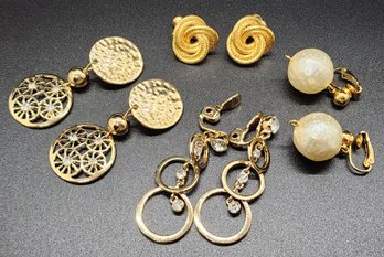 4 Vintage Pair Of Gold Tone Earrings