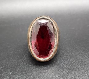 Vintage Silvertone Ring With Huge Red Stone