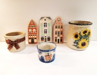 Cute Selection Of Primitive  Various Size Pottery Crocks And Ceramic House Wall Hangings