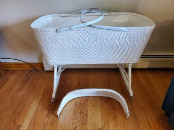 1950s White Woven Wicker Wheeled Baby Bassinet With Hood