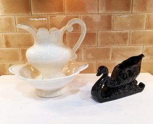 MCM Hand Painted Ceramic Pitcher With Bowl And Black Swan Planter