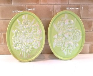 Pair Of Vintage Oval Hand Painted Floral Wall Plaques