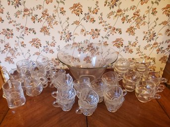 Large Vintage Clear Glass Punch Bowl And Assorted Punch Cups