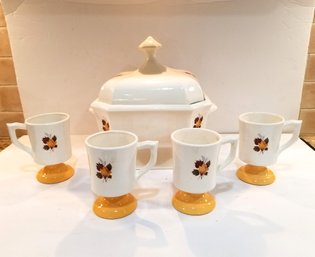 Large Ceramic Soup Tureen With Lid & Four Footed Coffee Mugs