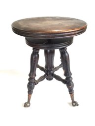 Antique Victorian Wood Adjustable Piano Swivel Stool With Clear Glass Ball Claw Feet