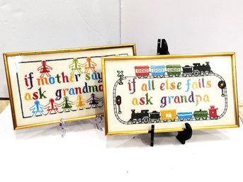 Adorable Framed Grandma & Grandpa Needlepoint Wall Hangings