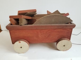 Vintage Handmade Toy Wooden Wagon With Assorted Blocks