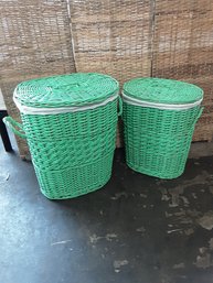 Green Wicker Hamper Lot Of 2