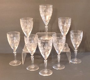 Eight Lovely Vintage Floral Etched Crystal Stemmed Wine Glasses