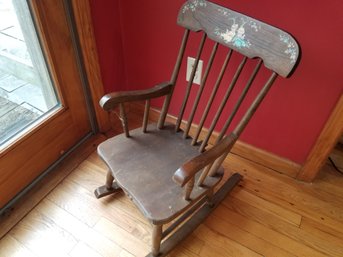 Vintage Child's Rocking Chair With Colorful Stencils On Back