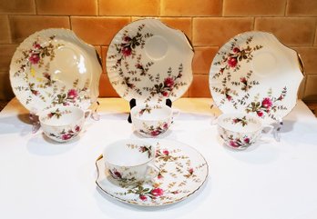 RARE Set Of 4 Porcelain Red Rose And Gold Teacup & Scalloped Snack & Luncheon Plates - NEW