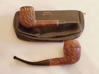 Two Vintage Tobacco Pipes & Leather Zip Up Tobacco Pouch - Churchill Briarwood & Dr Grabow