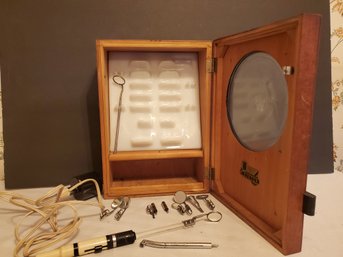 Vintage Burton Manufacturing Wood Dental Instument Tool Cabinet - Porcelain Insert With Tools Included