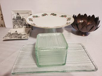 Assorted Decorative Items - Vintage & Newer Items - Including Pier 1 Metal Dish, Holiday Cake Plate & More