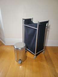 Chrome Bathroom Set.  Waste Basket And Hamper On Wheels