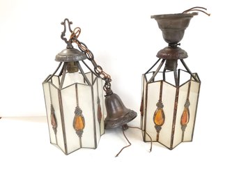 Pair 1920s Art Deco Slag Glass Ceiling Light Lantern With Amber Glass Jewels