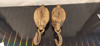 2 Vintage Block And Tackle Wooden Pulleys