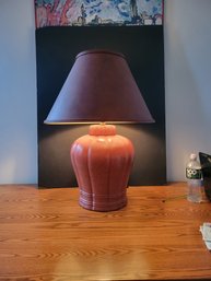 Lamp Inn Brick Red.  Similar Colored Shade.  Shade Is Leather Like, Possibly Leather. - -  - - - - Loc: Closet