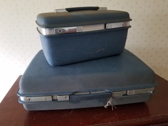 Vintage Samsonite Hard Side Blue Suitcase & Train Cosmetic Suitcase