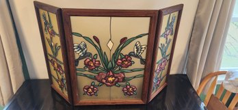 Painted Glass Folding Fireplace Screen