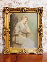 Antique Portrait Of Lady In Gold Wood Carved Ornate Frame