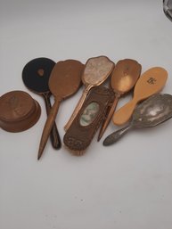 Collection Of Vintage Vanity Items- Powder Box, Mirrors, And Brushes