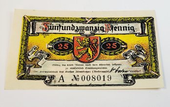 Antique.... 1921s Notgeld  25 Pfennig Bank Note  German For 'emergency Money' UNC Condition