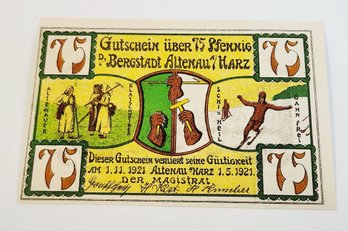 Antique.... 1921s Notgeld  75 Pfennig Bank Note  German For 'emergency Money' UNC Condition