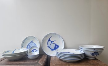 Contemporary Chinese Blue And White Set Of Fish Plates And Bowls, 17 Pcs.