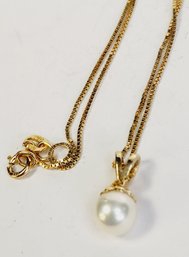 Vintage Pearl 14k Italian Yellow Gold Box Chain Link Necklace And Pendant