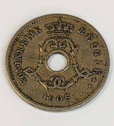 1905 Belgium 5 Centimes , Center Hole Within Crowned Mon