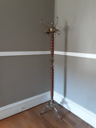 Early Brass And Spindle Wood Coat Rack