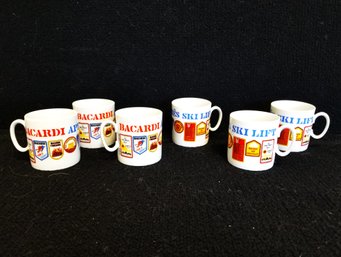 Unique Vintage Set Of Six 1970 Bacardi Apres Ski Lift Coffee Mugs